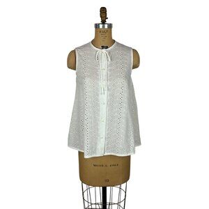 Vintage 60s Eyelet Top Womens Small Mod White Sleeveless Tent Button Up Shirt